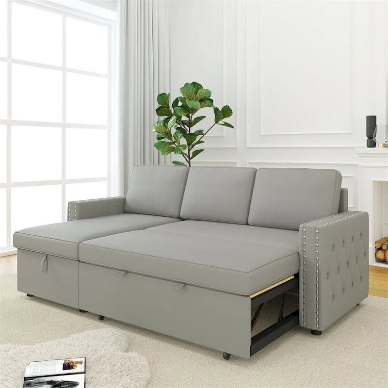 85 3-Sitzer-Schlafsofa mit Stauraum und Récamiere, Zugband und Kupfernägeln