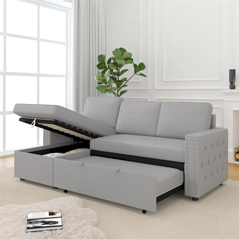 85 3-Sitzer-Schlafsofa mit Stauraum und Récamiere, Zugband und Kupfernägeln