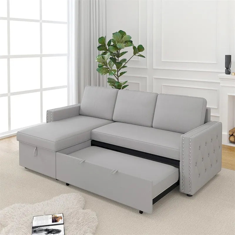 85 3-Sitzer-Schlafsofa mit Stauraum und Récamiere, Zugband und Kupfernägeln