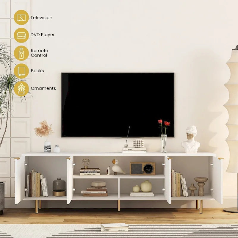 Weißer TV-Ständer, geriffelt, 68, mit Steckdose, Entertainment-Center mit Stauraumtüren, TV-Konsole und Medienmöbel für Fernseher ab 55 Zoll