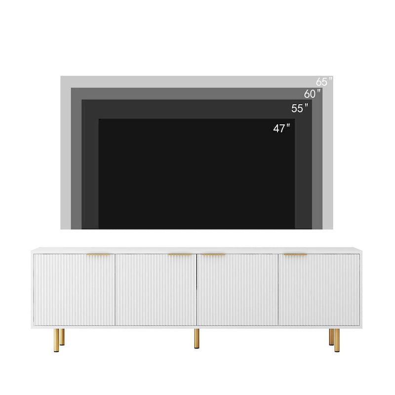 Weißer TV-Ständer, geriffelt, 68, mit Steckdose, Entertainment-Center mit Stauraumtüren, TV-Konsole und Medienmöbel für Fernseher ab 55 Zoll