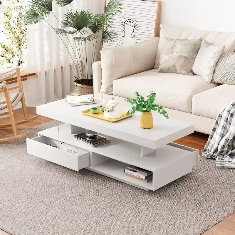 Mesa de centro con 2 cajones y estantes de exhibición
