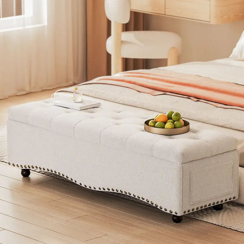Banco otomano con almacenamiento capitonado de 48.5, con molduras de tachuelas y 2 bolsillos laterales grandes para dormitorio, sala de estar y recibidor