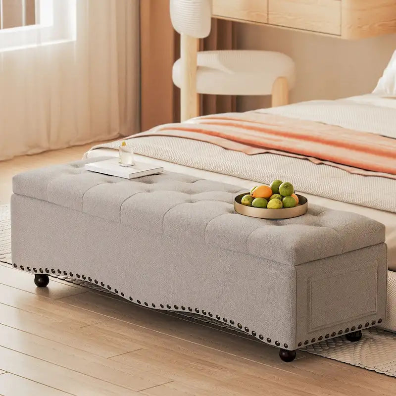 Banco otomano con almacenamiento capitonado de 48.5, con molduras de tachuelas y 2 bolsillos laterales grandes para dormitorio, sala de estar y recibidor