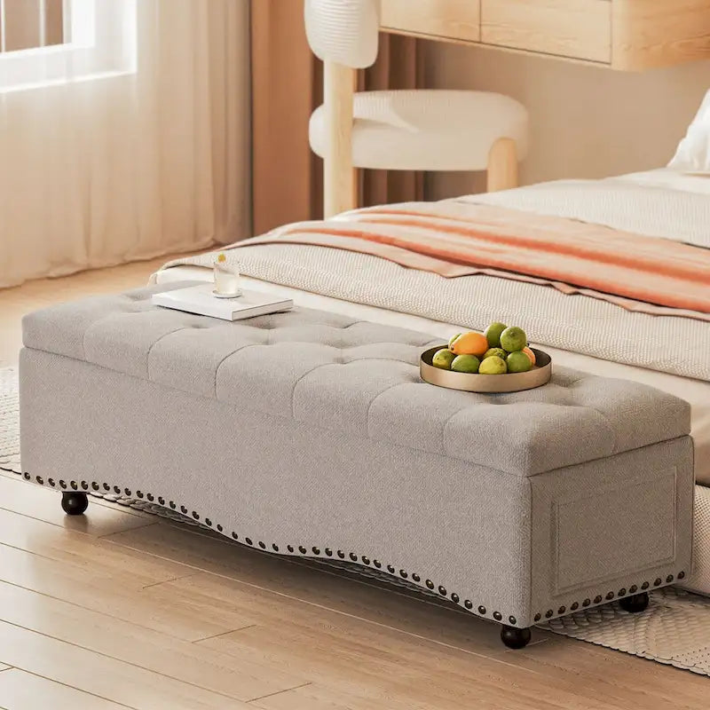 Banco otomano con almacenamiento capitonado de 48.5, con molduras de tachuelas y 2 bolsillos laterales grandes para dormitorio, sala de estar y recibidor