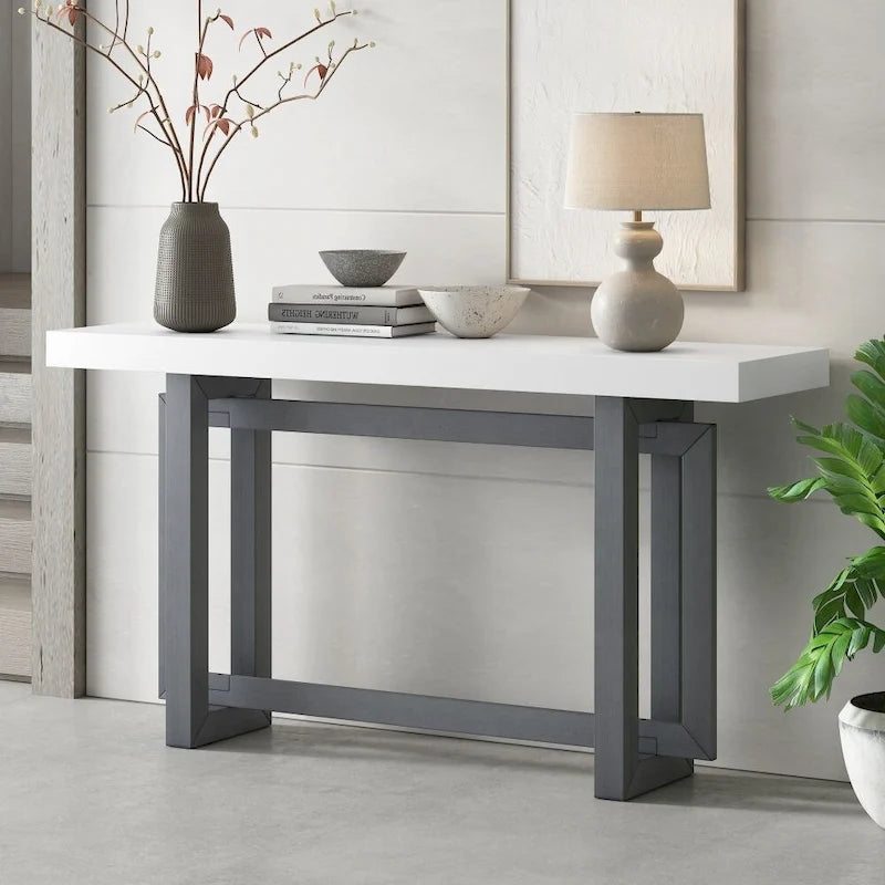 Tavolo consolle contemporaneo con piano in legno effetto cemento di ispirazione industriale