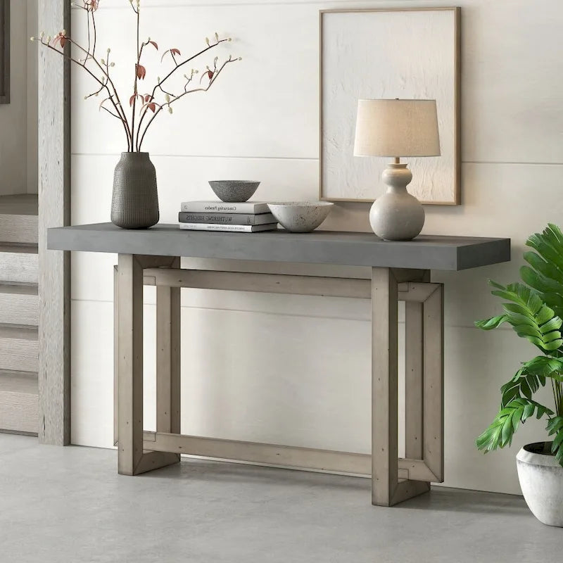 Tavolo consolle contemporaneo con piano in legno effetto cemento di ispirazione industriale