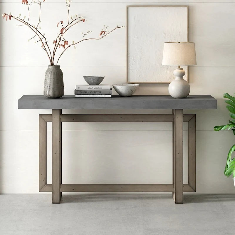 Tavolo consolle contemporaneo con piano in legno effetto cemento di ispirazione industriale