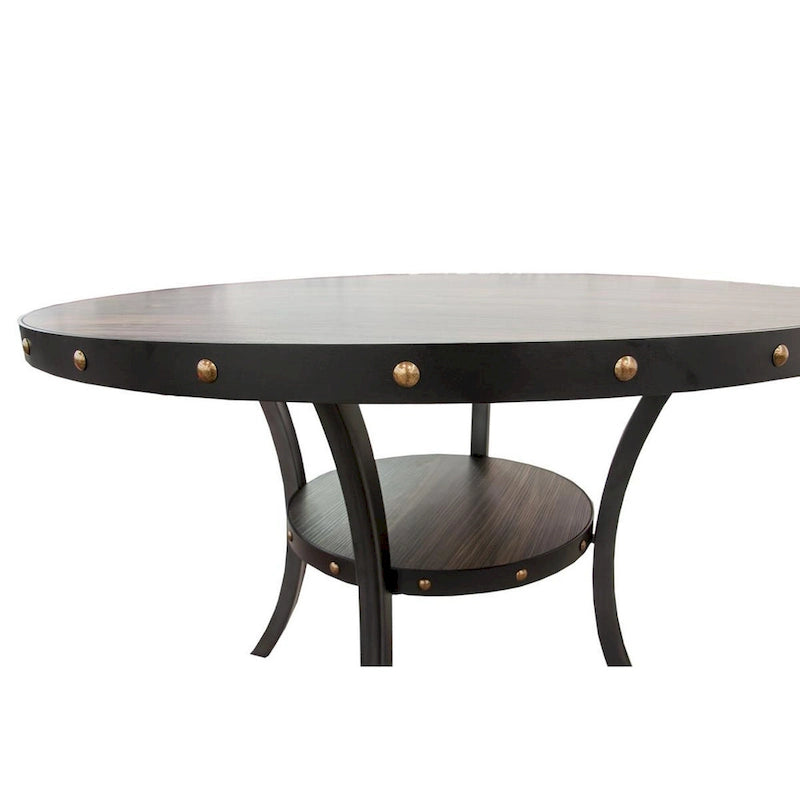 Tavolo da pranzo Sie da 48 pollici, piano rotondo con bordino decorativo a borchie e ripiano, legno nero