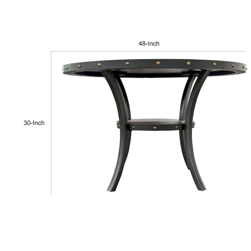 Tavolo da pranzo Sie da 48 pollici, piano rotondo con bordino decorativo a borchie e ripiano, legno nero