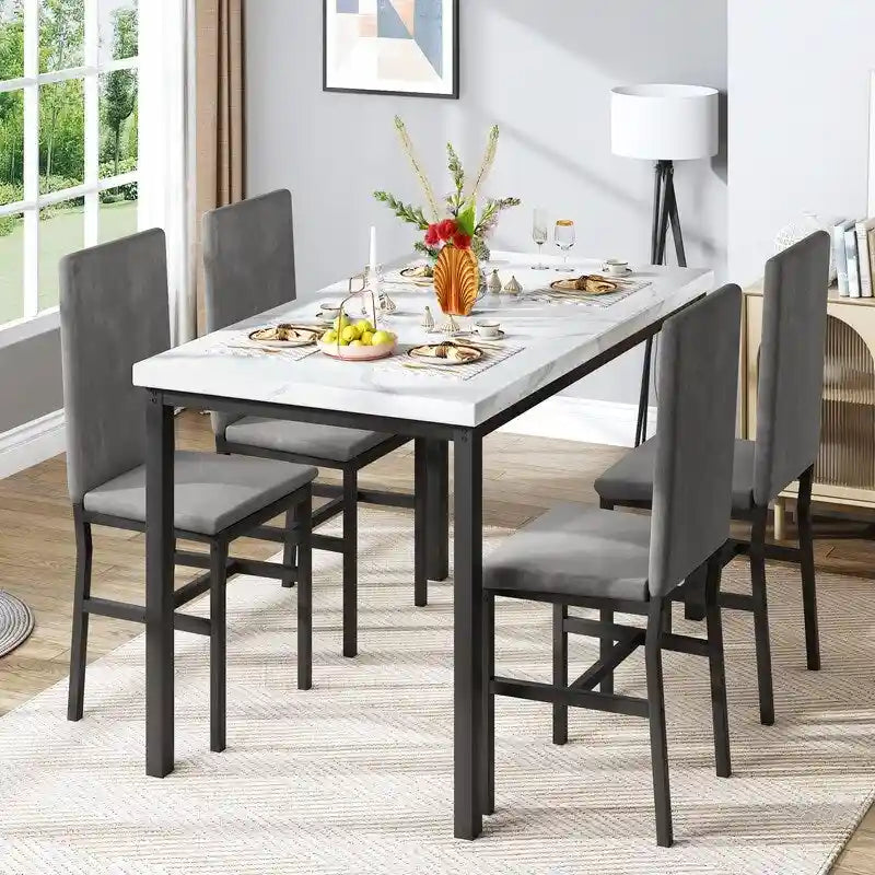 Grondin eetset voor 5 personen in moderne stijl met imitatiemarmeren blad en 4 eetkamerstoelen met fluwelen bekleding