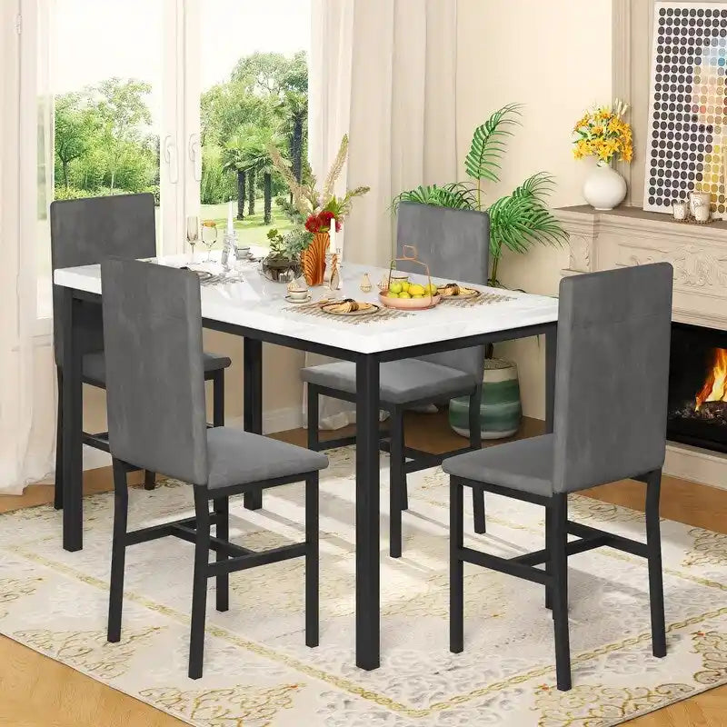 Grondin eetset voor 5 personen in moderne stijl met imitatiemarmeren blad en 4 eetkamerstoelen met fluwelen bekleding