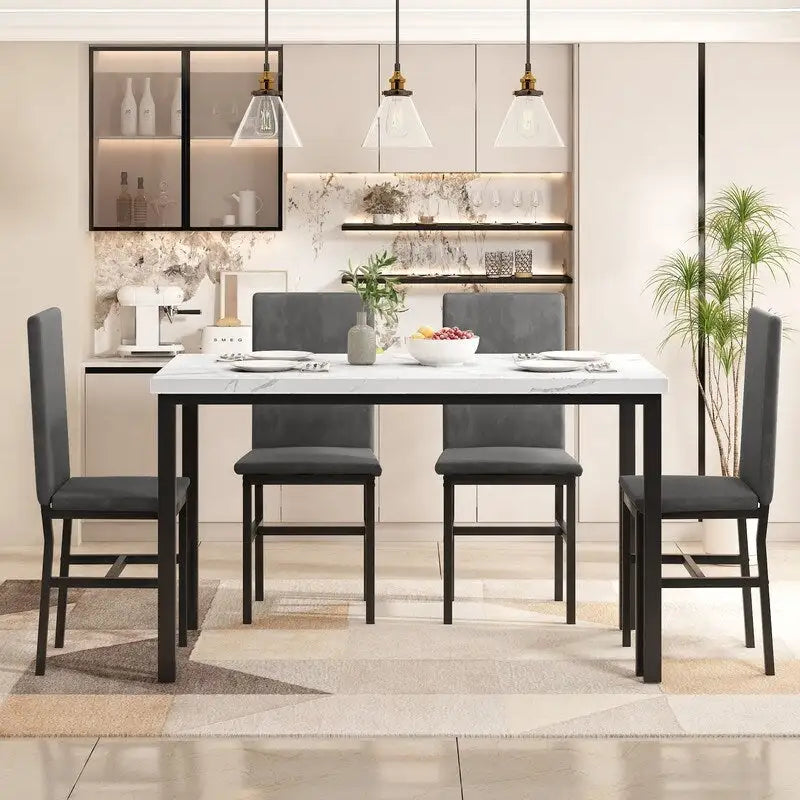 Grondin eetset voor 5 personen in moderne stijl met imitatiemarmeren blad en 4 eetkamerstoelen met fluwelen bekleding