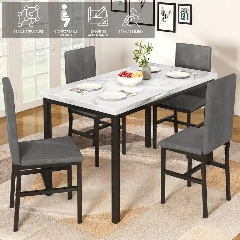 Grondin eetset voor 5 personen in moderne stijl met imitatiemarmeren blad en 4 eetkamerstoelen met fluwelen bekleding