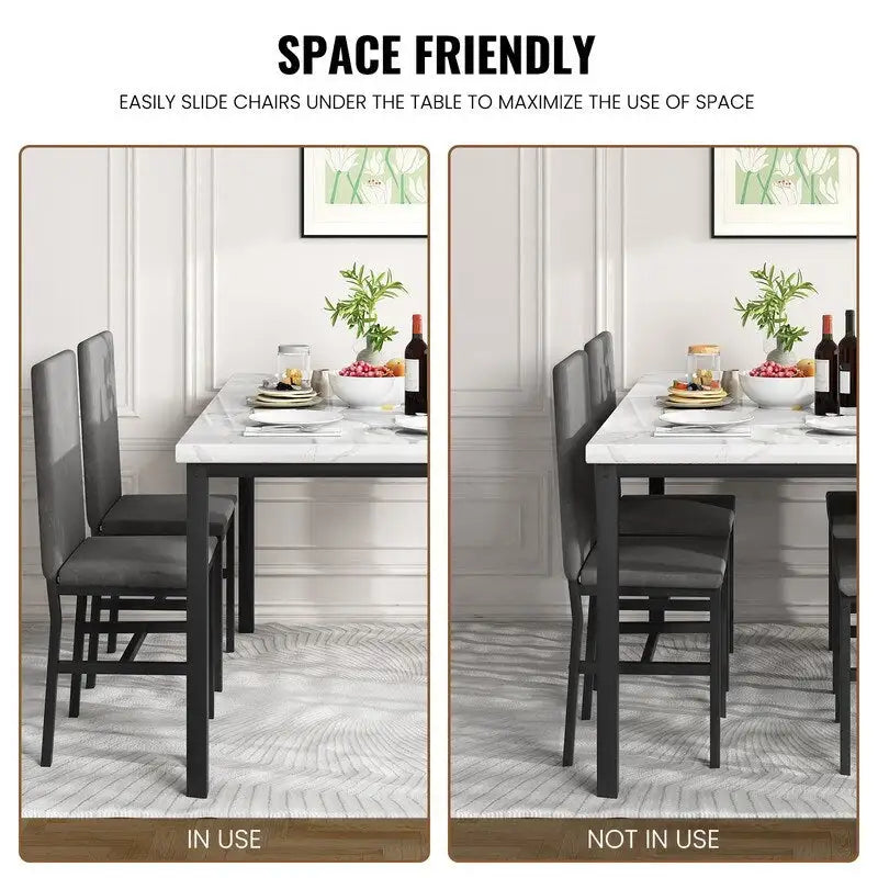 Grondin eetset voor 5 personen in moderne stijl met imitatiemarmeren blad en 4 eetkamerstoelen met fluwelen bekleding