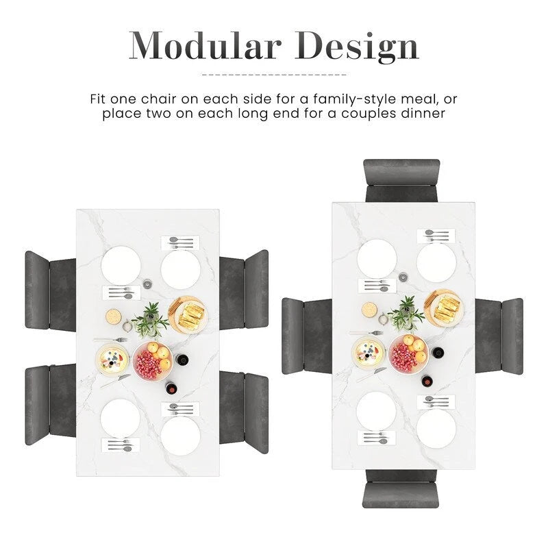 Grondin eetset voor 5 personen in moderne stijl met imitatiemarmeren blad en 4 eetkamerstoelen met fluwelen bekleding