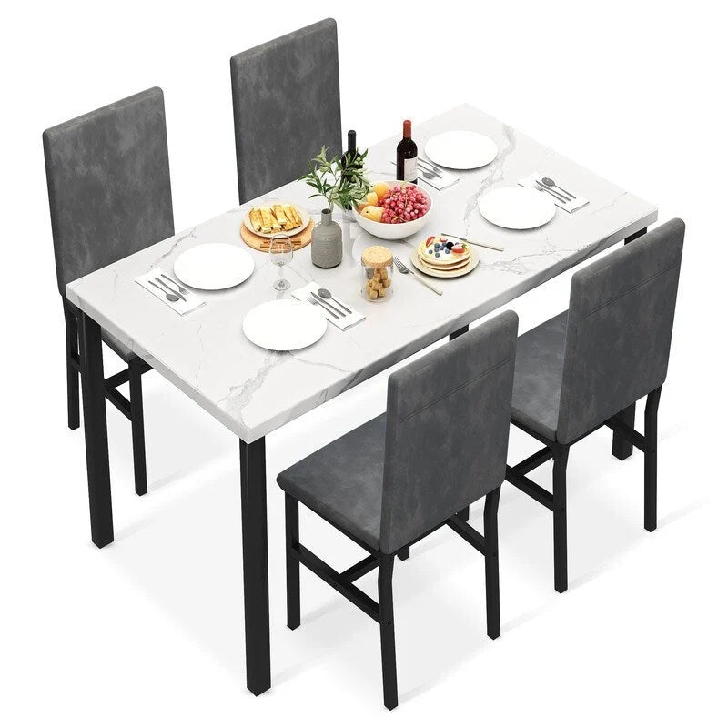 Grondin eetset voor 5 personen in moderne stijl met imitatiemarmeren blad en 4 eetkamerstoelen met fluwelen bekleding