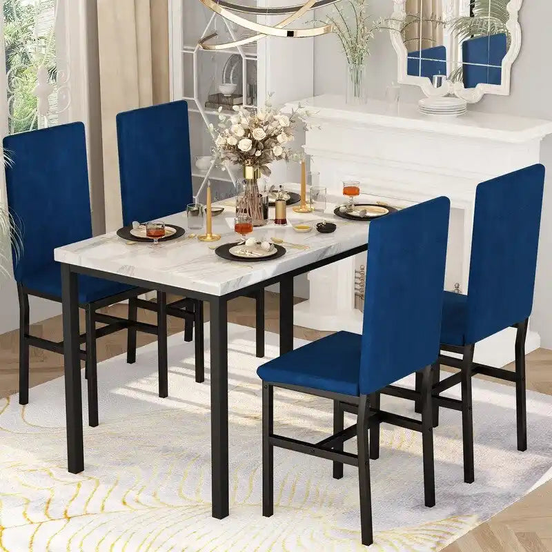 Grondin eetset voor 5 personen in moderne stijl met imitatiemarmeren blad en 4 eetkamerstoelen met fluwelen bekleding