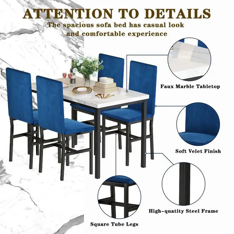 Grondin eetset voor 5 personen in moderne stijl met imitatiemarmeren blad en 4 eetkamerstoelen met fluwelen bekleding