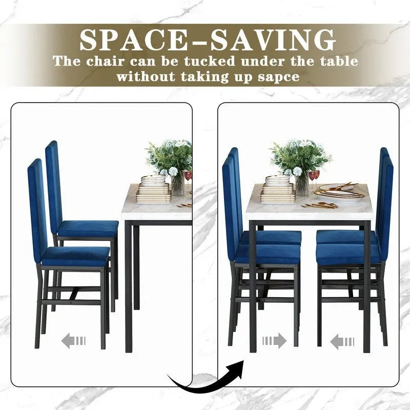 Grondin eetset voor 5 personen in moderne stijl met imitatiemarmeren blad en 4 eetkamerstoelen met fluwelen bekleding