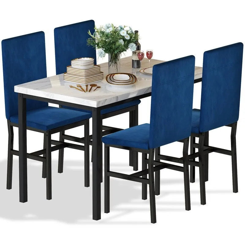 Grondin eetset voor 5 personen in moderne stijl met imitatiemarmeren blad en 4 eetkamerstoelen met fluwelen bekleding