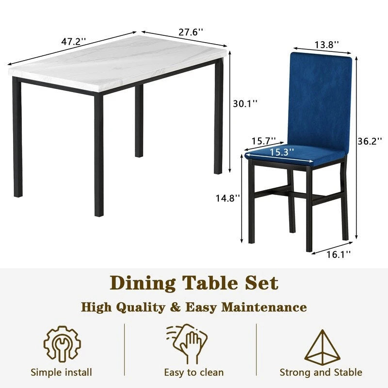 Grondin eetset voor 5 personen in moderne stijl met imitatiemarmeren blad en 4 eetkamerstoelen met fluwelen bekleding