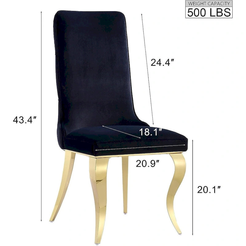 Sedie da pranzo nere trapuntate con rivestimento in morbido velluto e gambe dorate lucide