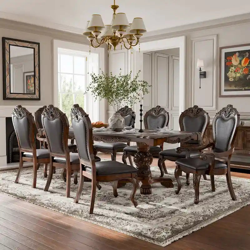 Furniture of America Eugene traditionele eetkamerset van massief hout, 9-delig, met uitschuifbare tafel