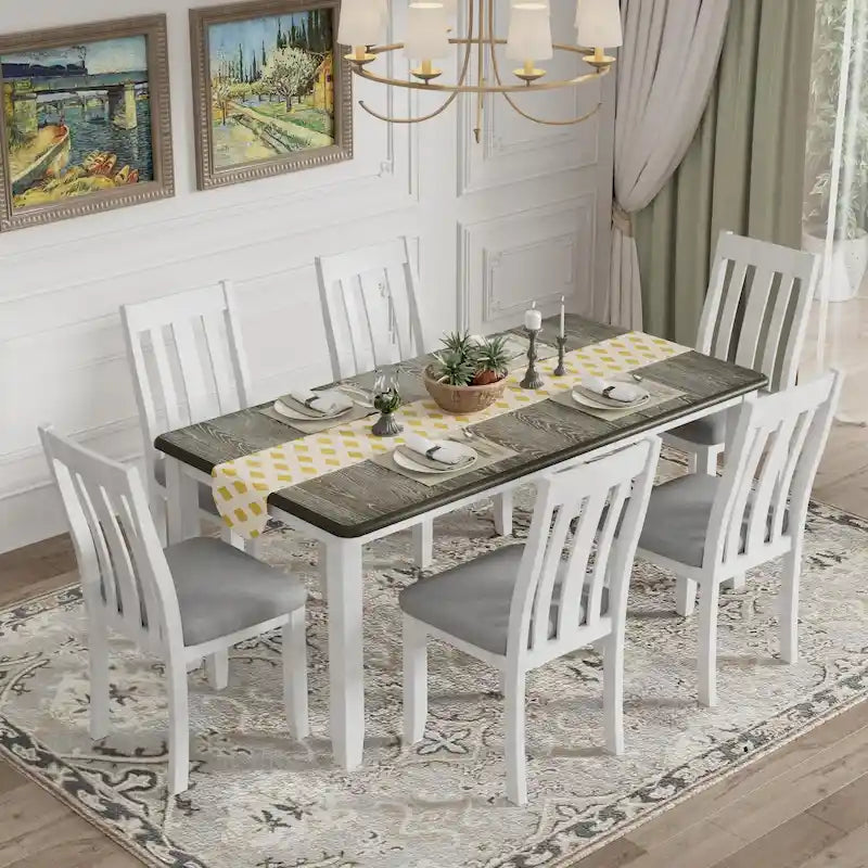 7-delige eetkamerset met uitschuifbare tafel en 6 gestoffeerde stoelen