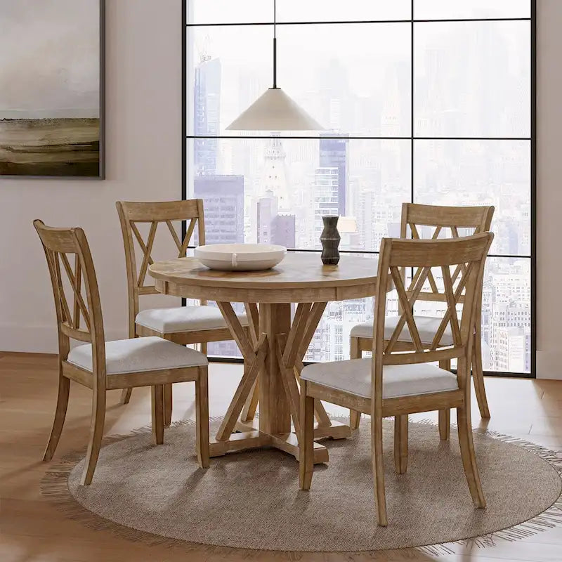 Nuria Farmhouse 5-Piece Round Natural Dining Set with 4 Chairs and Round Table by HULALA HOME