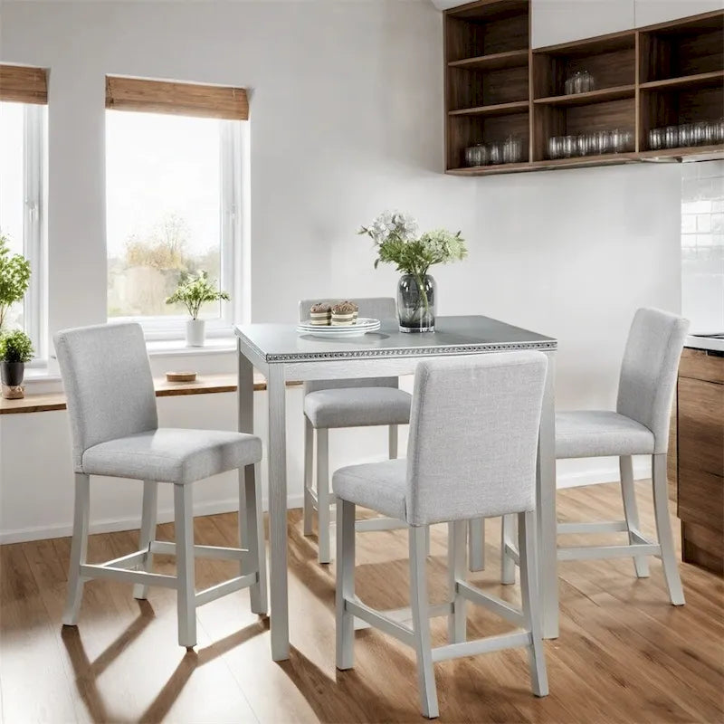 5-teiliges Esszimmerset aus Holz mit Tisch in Thekenhöhe und Stühlen