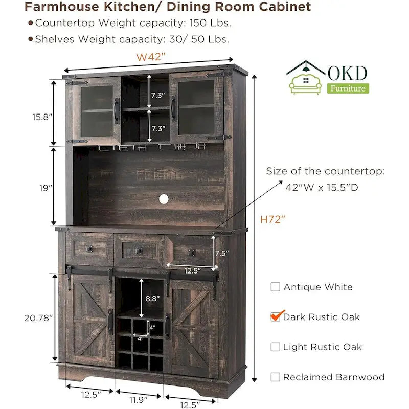 Farmhosue Bar Cabinet, Kitchen Buffet, Coffee Bar Sideboard Table - N/A