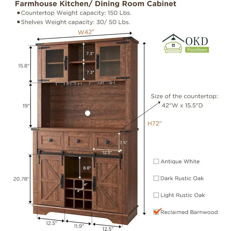 Farmhosue Bar Cabinet, Kitchen Buffet, Coffee Bar Sideboard Table - N/A