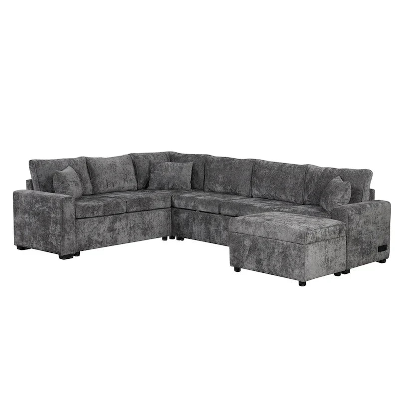 Chenille Sectional Sofa Pull-out Sofa Bed, L-Shape Sleeper Sofa with Storage Ottoman, 3 Pillows and Charging Devices