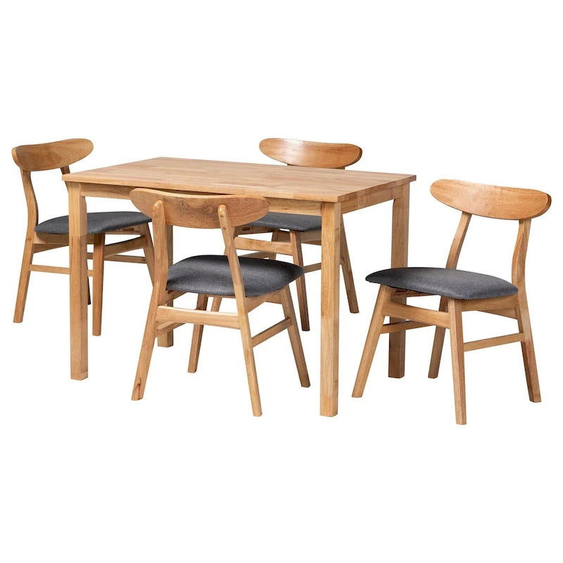 Set da pranzo da 5 pezzi Norwin in stile metà secolo, con tessuto grigio e legno con finitura marrone naturale
