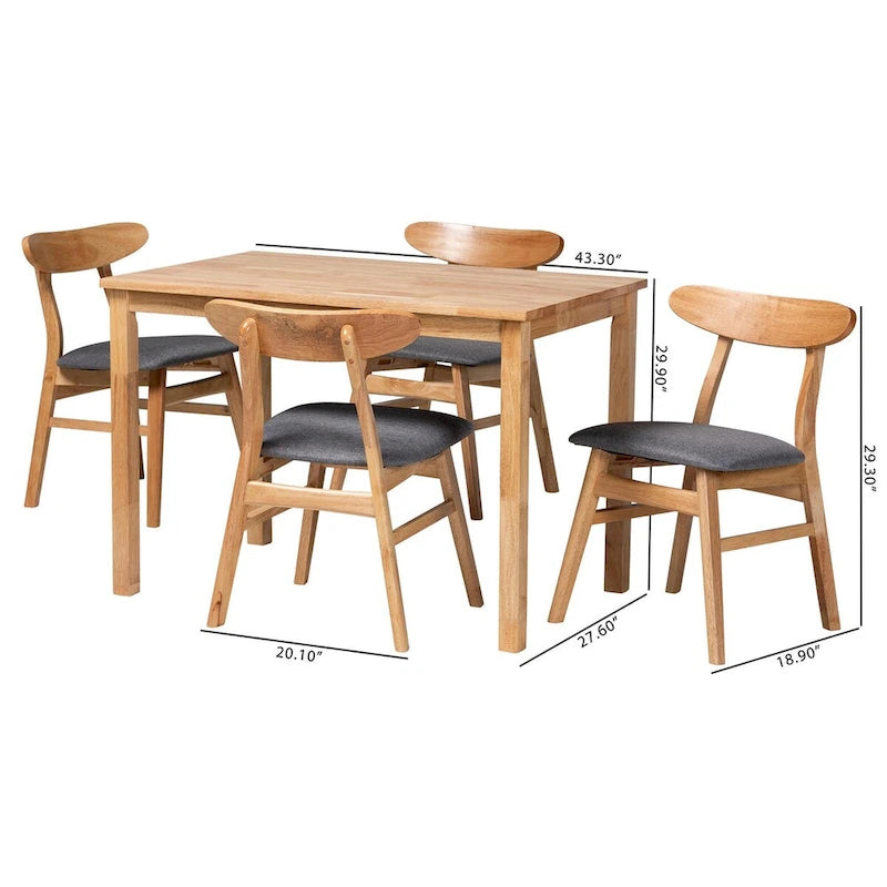 Set da pranzo da 5 pezzi Norwin in stile metà secolo, con tessuto grigio e legno con finitura marrone naturale