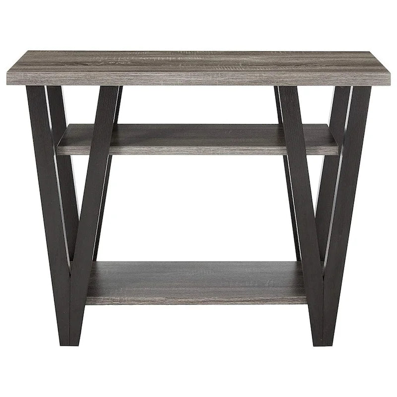 Mesa auxiliar contemporánea de madera maciza con diseño de zigzag y estante inferior, gris y negro