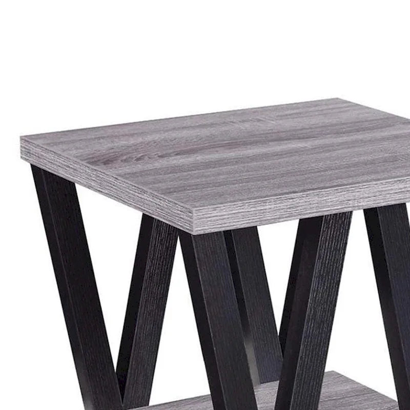 Mesa auxiliar contemporánea de madera maciza con diseño de zigzag y estante inferior, gris y negro