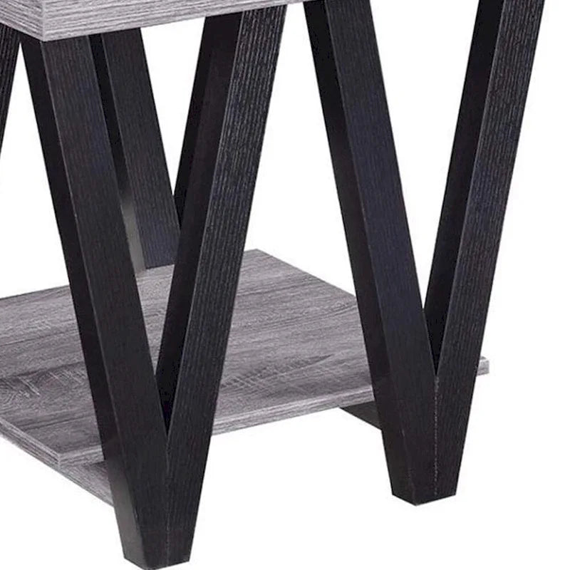 Mesa auxiliar contemporánea de madera maciza con diseño de zigzag y estante inferior, gris y negro
