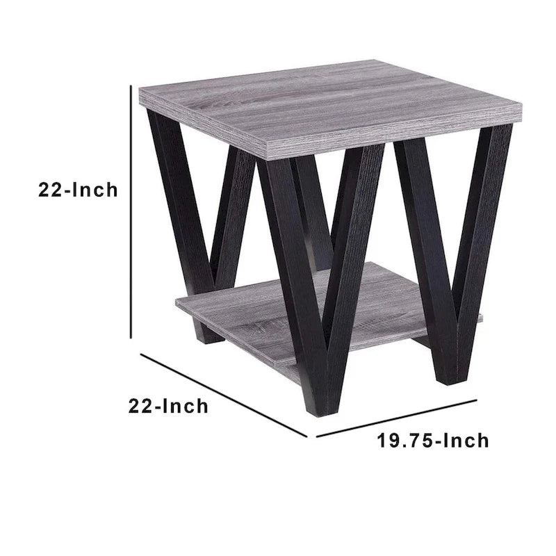 Mesa auxiliar contemporánea de madera maciza con diseño de zigzag y estante inferior, gris y negro