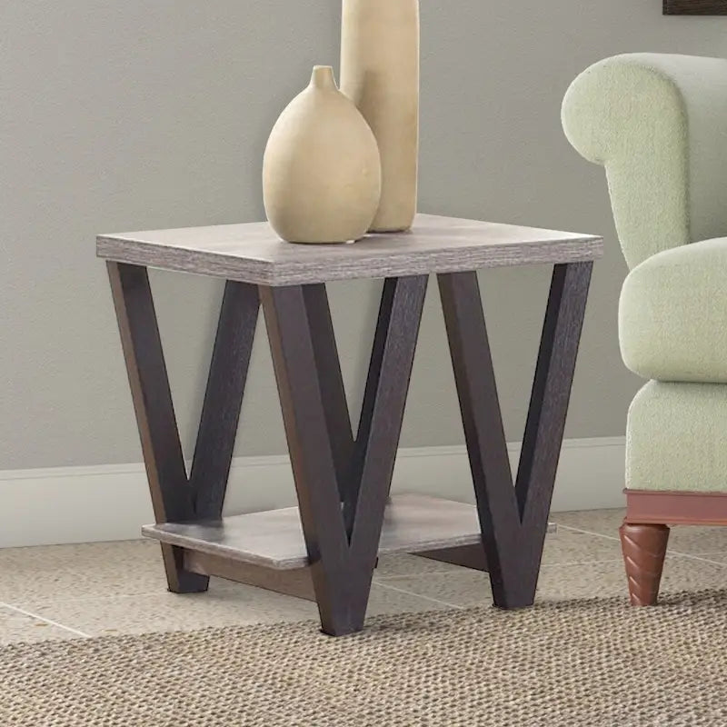 Mesa auxiliar contemporánea de madera maciza con diseño de zigzag y estante inferior, gris y negro