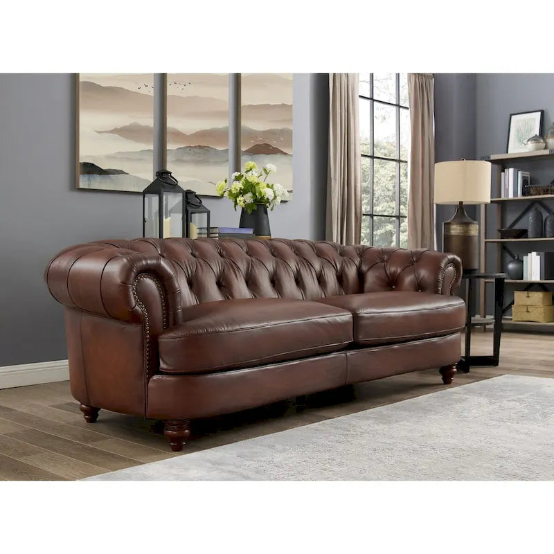 Canapé Chesterfield Newport Hydeline en cuir pleine fleur avec plumes, mousse à mémoire de forme et ressorts