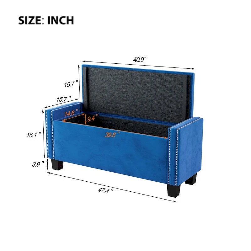 Banc ottoman de rangement rembourré en velours avec motif à rivets