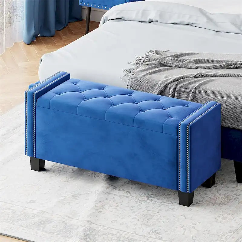 Banc ottoman de rangement rembourré en velours avec motif à rivets