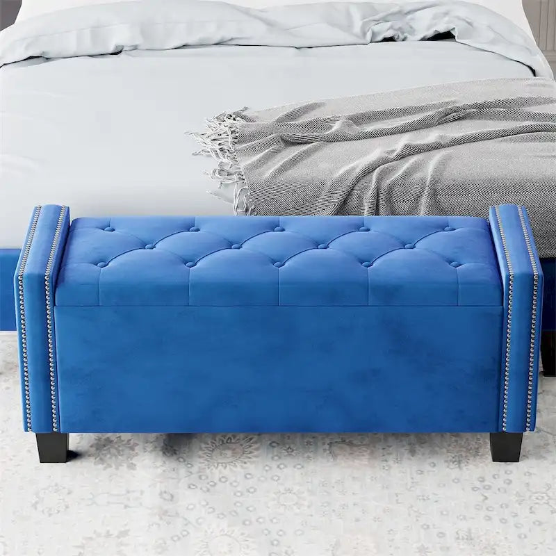 Banc ottoman de rangement rembourré en velours avec motif à rivets