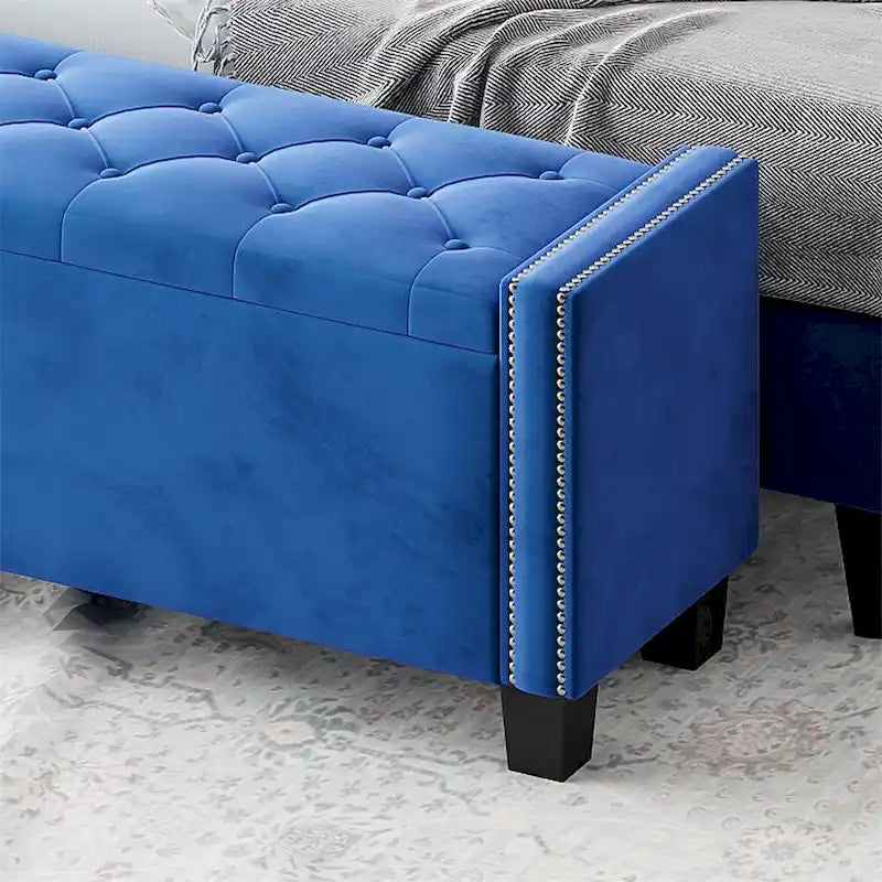 Banc ottoman de rangement rembourré en velours avec motif à rivets
