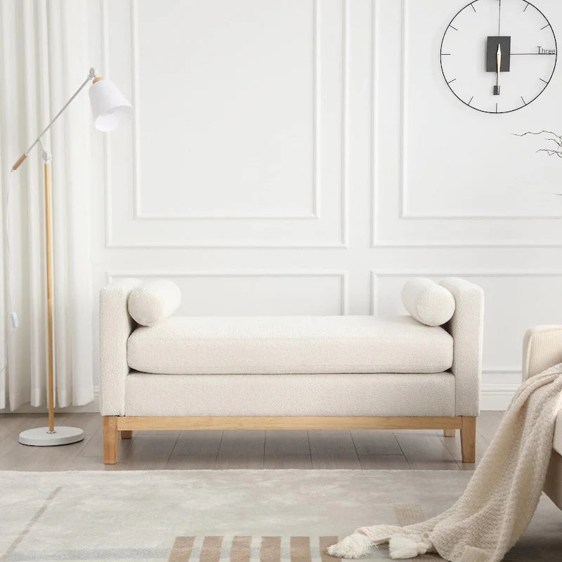 Elegancka tapicerowana ławka otomana 53.5 z drewnianymi nogami i poduszkami wałkami