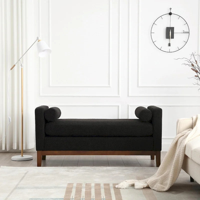 Elegancka tapicerowana ławka otomana 53.5 z drewnianymi nogami i poduszkami wałkami