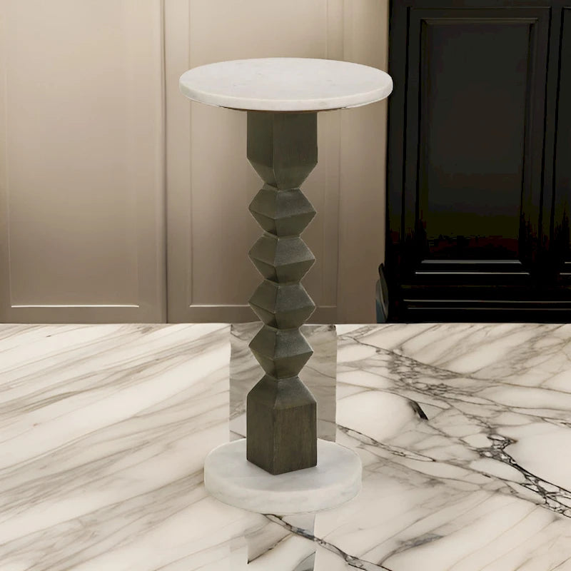 Drink Side Table, 11 Inch Round Marble, Spindle Pedestal Base, White, Gray