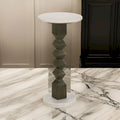 Drink Side Table, 11 Inch Round Marble, Spindle Pedestal Base, White, Gray